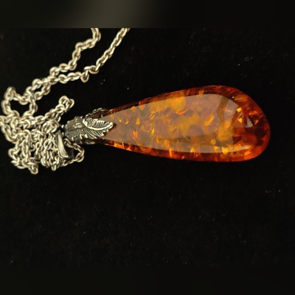Art Nouveau Style Amber Pendant Silver Necklace - Picture 3 of 14